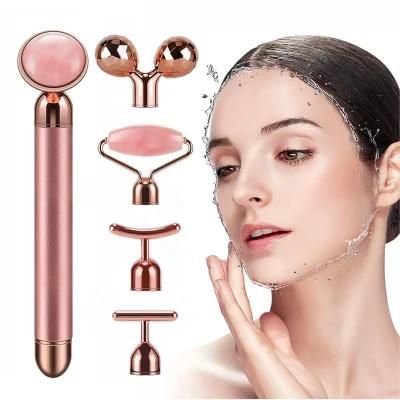 Anti Aging Natural Jade Detachable Vibrating Facial Roller &amp; Massager Rose Quartz