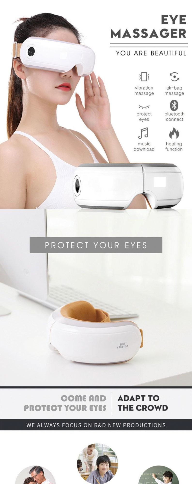 Hezheng Popular Wireless Blue-Tooth Vibration Heating Luxury Eye Massager
