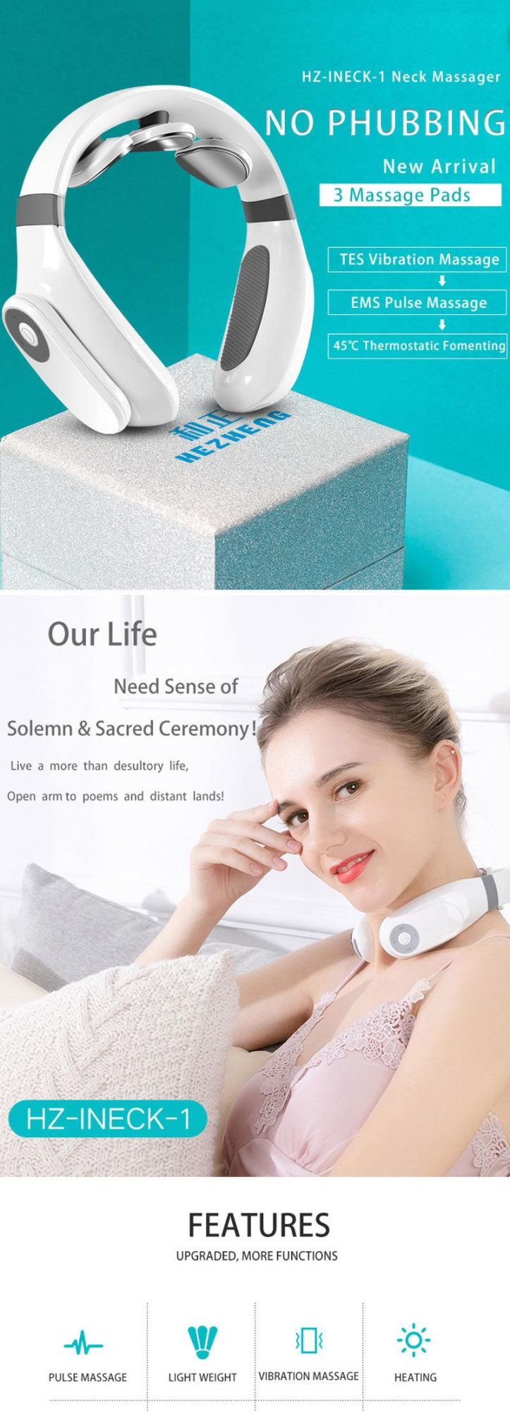 Hezheng Plastic Cervical Vertebr Massage Instrument Travel Portable Vibrating Neck Massager with Heat