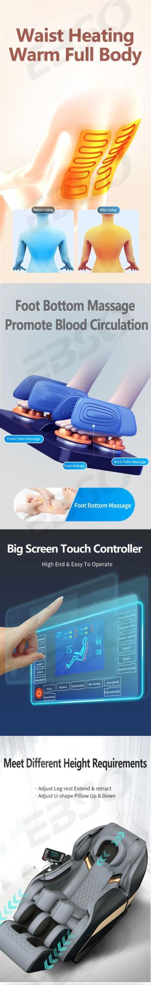 Ebso CE Approve Full Body Zero Gravity 8d Airbag Foot Roller Music Vending Massage Chairs Price, Luxury Massage Chair Touch Screen,